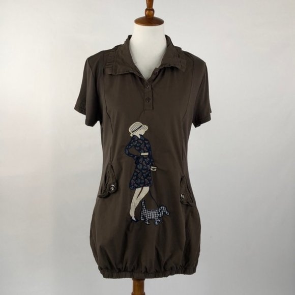 Dresses & Skirts - Embroidered Dress with Pockets "Girl Walking Dog"